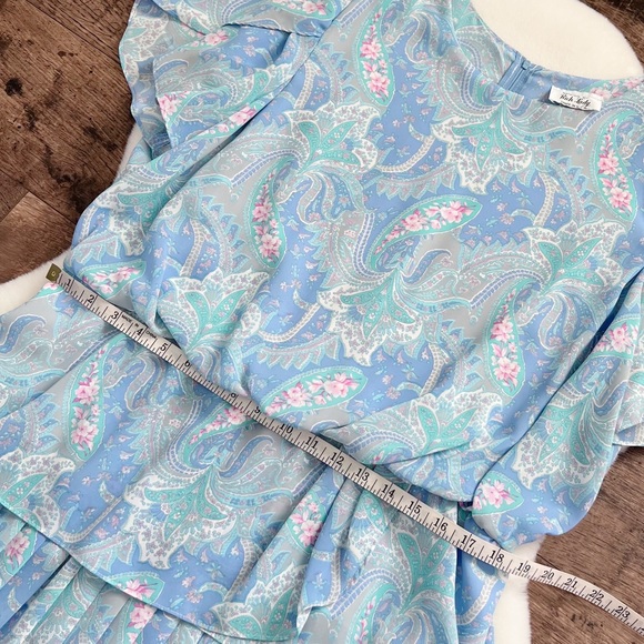 Vintage Rich Lady Peplum Pleated Midi Dress 80s Pastel Paisley Floral Pleated - Picture 12 of 17